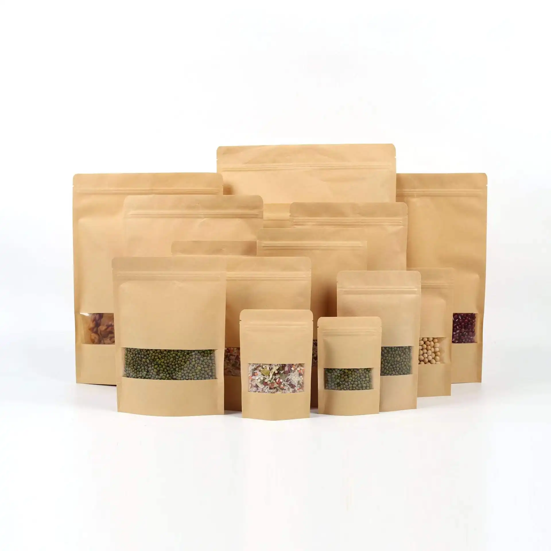 Özel geri dönüşümlü dik duran poşetler kuru gıda ambalajı kahverengi kraft kağıt torbalar saydam pencereli