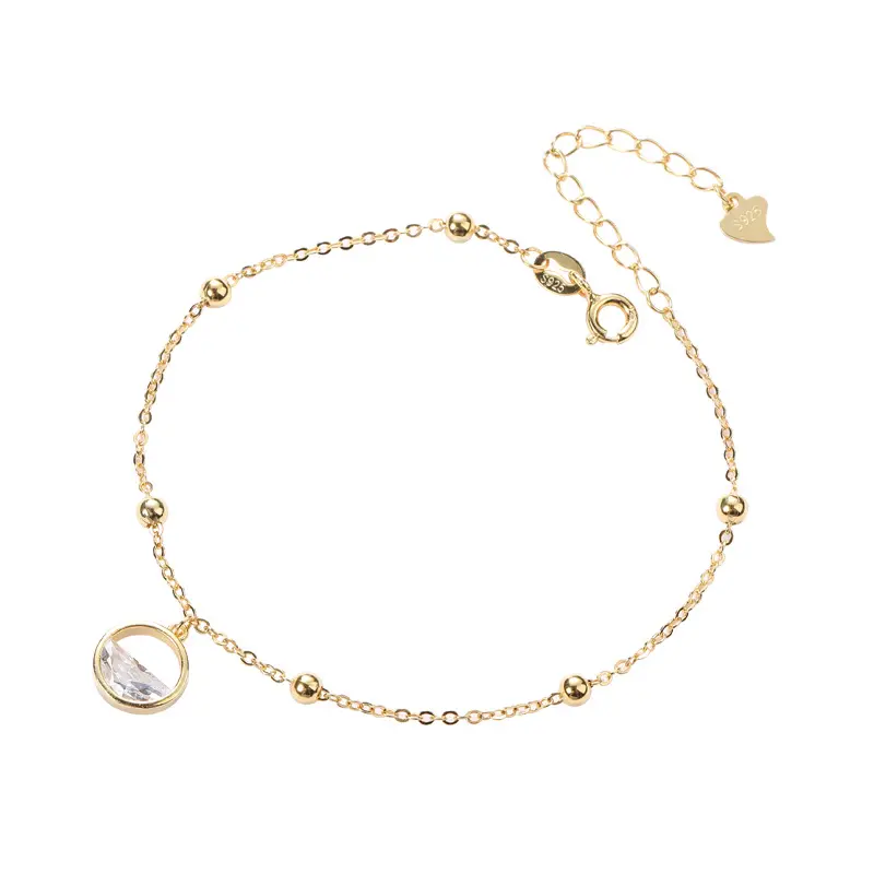 Delicate 18k gold 925 sterling silver ball chain half round zircon round pendant bracelet