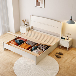 Lit en bois massif couleur crème, style minimaliste nordique, 1,5m/1,8m, avec coffre de rangement, pour adultes et personnes âgées - Product Image 1