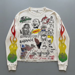 Men's <b>Long</b> <b>Sleeve</b> Printed Knitted <b>T</b>-<b>Shirt</b> O-Neck Street Style Cartoon Pattern <b>White</b> Oversized 100% Cotton Breathable - Product Image 4