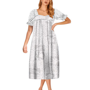 Ultimo Design manica a sbuffo Tapa stampa moda Hawaii Custom Ladies Mumu Dress Polynesian Samoan Vintage White Island Prom Dress - Product Image 3