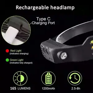 Diadema de silicona recargable tipo C, con Sensor LED COB, para acampada, correr y senderismo