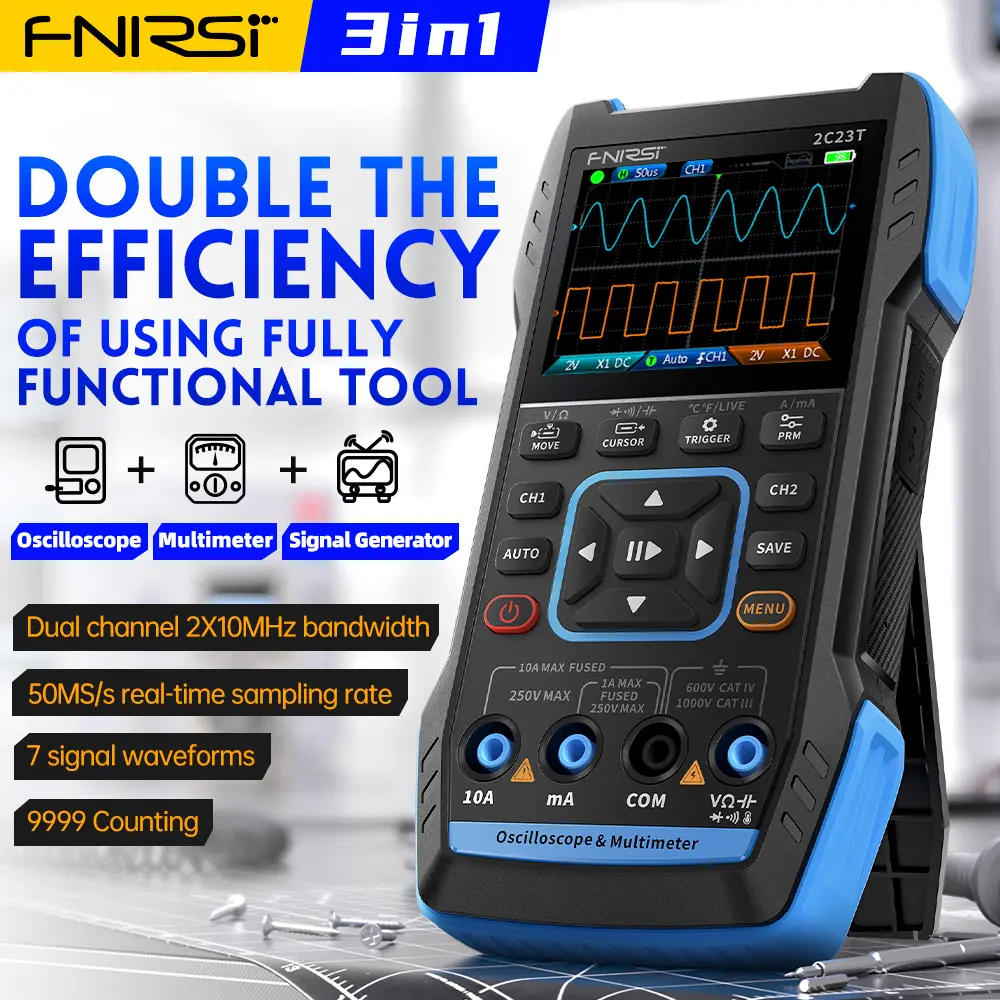 FNIRSI 2 c23t multimetro oscilloscopio digitale palmare + funzione generatore di segnale 2023 più recente 3 in1 Dual Channel 10MHZ * 2 50 MS/s