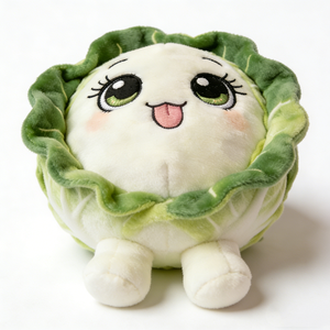 Peluche de chou ronde compacte bicolore personnalisée avec bordure de feuilles vertes à volants, texture de veines brodée, grand œil vert brillant - Product Image 6