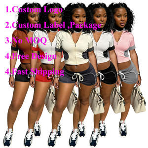 Chaqueta de manga corta de retazos informal de moda al por mayor con logotipo personalizado y Pantalones rectos con cordón, chándal de dos piezas - Product Image 2