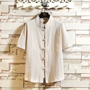 10% di Sconto Camicia Estiva in Cotone e Lino Stile Cinese Monsoon, Taglie <span class=keywords><strong>M</strong></span>-5XL, Casual, Ampia, con Colletto alla Coreana, Maniche Corte, Stampa Retrò e Chiusura a Bottone - Product Image 5