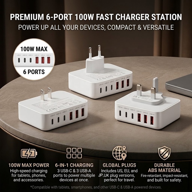 HNT 100W USB C Wall Charger 6 Port Fast Charger Adapter PD+QC Multiport Type C Charging Station for iPhone 17 16 15 14 Pro Max