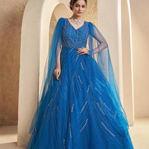 Nuevo vestido de diseñador totalmente bordado a mano en red brillante azul pavo real con intrincado trabajo de Siroski a granel de La India - Product Image 1