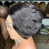 Wig rambut pendek lurus model SX, rajutan tangan, diperm dan diwarnai, gaya belahan samping, full headpiece.