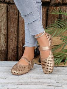 Zapatos Planos Mary Jane Dorados para Mujer, Diseño Calado, Retro, con Correa en el Tobillo, Forro de Malla Transpirable, Suela y Entresuela de PU - Product Image 1