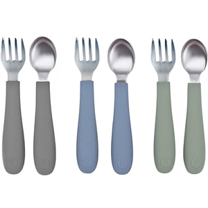 Kids Silverware <b>Set</b> with <b>Silicone</b> Handle 304 Stainless Steel Toddler <b>Utensils</b> Baby Spoon Fork BPA Free Food Grade Cutlery - Product Image 1