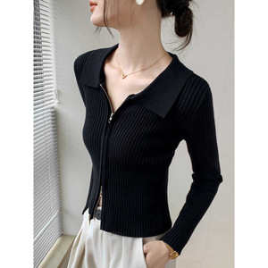 Sucesso de Vendas 2026: Cardigãs de Tricô Canelado Curto Ajustado com Gola Polo, Elegantes, Lisos, para Sobreposição, com Zíper, para Outono, e Casacos - Product Image 4