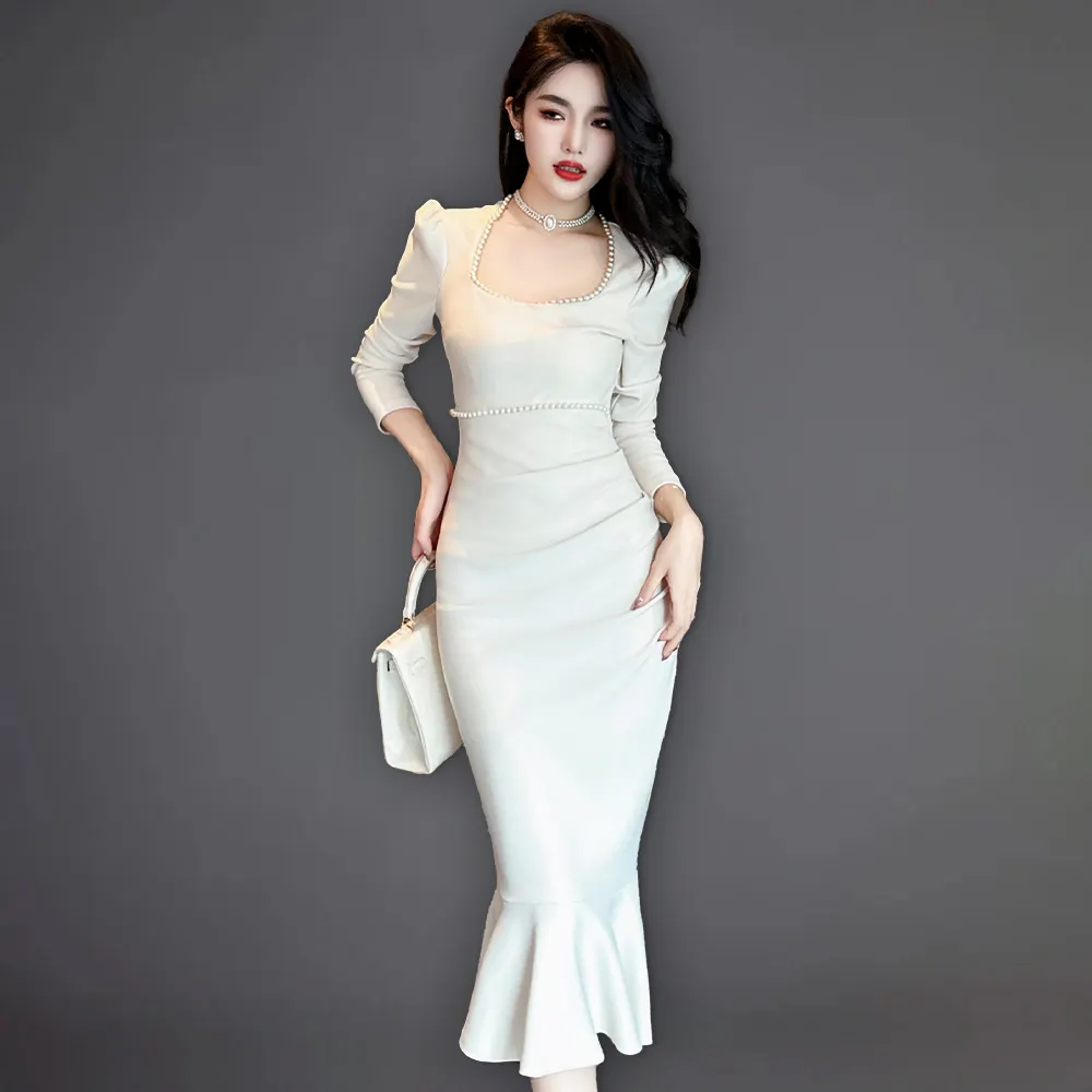 ZYHT 6017 2023 Autumn Winter Full Sleeves Square Collar Beading Slit Dress Ruffles Eleg Dress Slim Fit Mermaid Dress