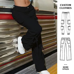 Custom OEM Manufacturer Vintage Pockets High Waist Streetwear Baggy Casual Ladies Long Parachute Cargo Pant For Women Trousers