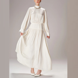 strapless open back dress BORA AKSU Women's Stand Collar Puff Short-Sleeve Heart Print Empire-Waist  Pleated Midi Dress