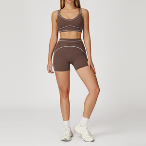 Conjunto de Yoga para Mujer Color Block con Sujetador y Pantalones Cortos, Dos Piezas, Doble Tirante, Ropa Deportiva Premium, Tejido Ajustado y Transpirable - Product Image 3