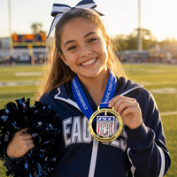 Médaille sportive personnalisée en métal, anneau creux, pour championnat de football et de cheerleading pour jeunes, double placage avec ruban