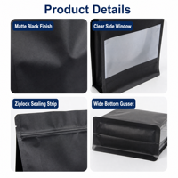 Pochette à fond plat personnalisée noire mate à huit soudures latérales avec fenêtre transparente frontale en PE, étanche et de qualité alimentaire, avec fermeture Ziplock