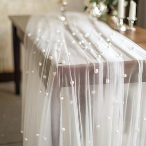 Premium Lace Pearl Floral Mesh <b>Table</b> <b>Runner</b> Custom Material Commercial Level For Professional Wedding Banquet Planners - Product Image 1