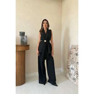 Elegant <b>Black</b> <b>Satin</b> <b>Women's</b> Suit Set With Belted Waist And Wide Leg <b>Trousers</b> - Product Image 3