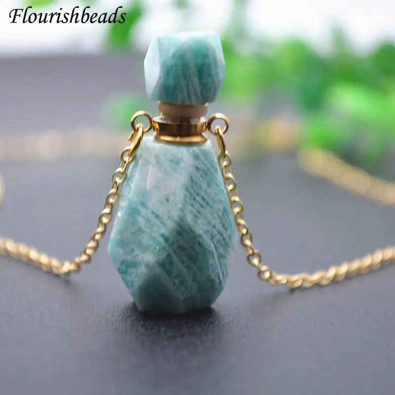 Natural Gemstone Faceted Aroma Diffuser Necklace Mini Perfume Bottle Stone Pendant Necklace