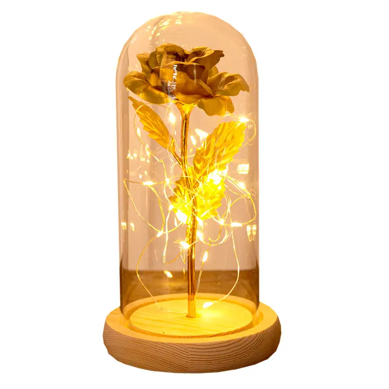 Nieuwig Goud Aluminiumfolie Glanzende Kunstmatige Rozen Bloem Valentijn Hout Basis Nachtlampje Led Voor Tafeldecoratie Verlichting Geschenken