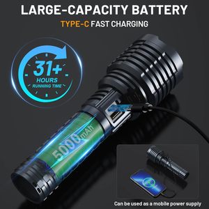 Lampe torche USB rechargeable la plus puissante de 1000 lumens, en ABS, projecteur d'urgence, portée du faisceau de 300-400 m, lanterne tactique pour le camping - Product Image 4