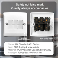 Uso doméstico Universal Wall 3 Gang 2 Way Uk Standard Pc Interruptor de luz Interruptor eléctrico de pared de alta calidad
