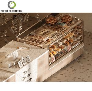 Comptoir de bar de luxe, design multi-niveaux, vitrine à desserts en verre, meuble de boulangerie durable pour présentation en boulangerie - Product Image 4