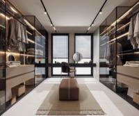 Dressing moderne avec îlot central, étagères en verre, rangement central, construction en mélamine et bois massif, gain de place, pour la maison