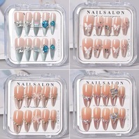 Ongles personnalisés de haute qualité, 30 pièces, vente en gros, couverture complète, en ABS, forme amande, French, effet œil de chat, dégradé de couleurs, strass étincelants