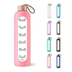 Botella de Agua Deportiva Personalizada con Tapa de Bambú Ecológica, Inspirada en el Signo Acuario, con Marcador de Tiempo para Beber - Product Image 1