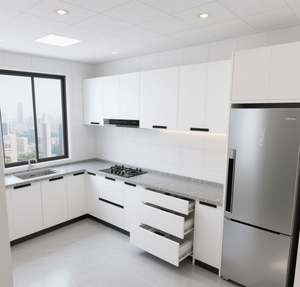 SANTOPOVA Modern <b>White</b> Modular Kitchen <b>Cabinets</b> with Black Handles, Open Shelving and Gray Quartz Countertop - Product Image 5