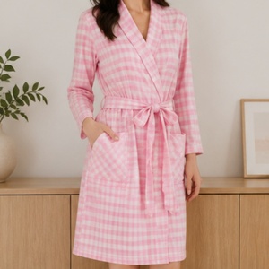 <span class=keywords><strong>Bata</strong></span> de <span class=keywords><strong>mujer</strong></span> de talla única rosa pastel con estampado de guinga, 100% algodón, camisón suave y transpirable de manga larga para <span class=keywords><strong>mujer</strong></span> - Product Image 3