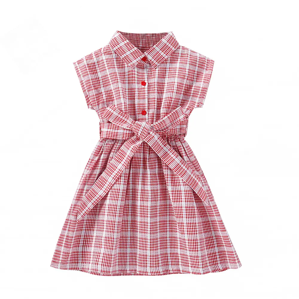 2021 कपड़े गर्मियों में बच्चों को लड़कियों गुलाबी प्लेड पोशाक के साथ बेल्ट