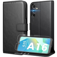 Étui portefeuille QY pour A16 5G/4G A26 A36 avec verre trempé, blocage RFID, support de cartes en PU et protection d'écran