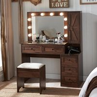 Coiffeuse de style farmhouse avec miroir Hollywood et porte coulissante, table de maquillage avec 5 tiroirs et plateau en verre pour chambre à coucher, mobilier de maison