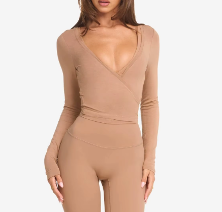 Wholesale Custom Activewear Tie Bow V Shaped Neckline Long Sleeve Skin Friendly Gym Shirt for Women Custom Wrap Top Yoga