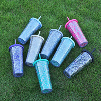 Bouteille d'eau en plastique à double paroi de 24 oz, scintillante, avec paille, écologique et brillante