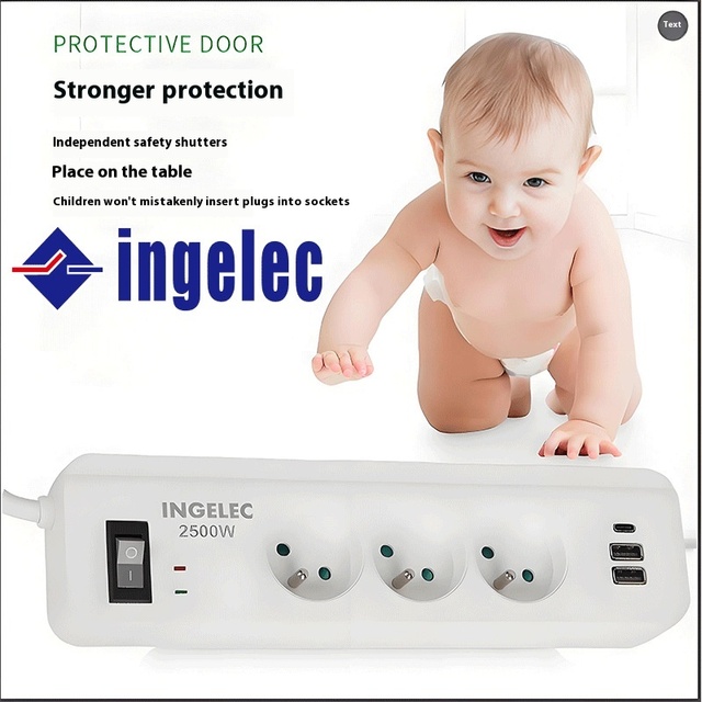 Ingelec 10A 250V USB-C Power Strip Industrial Grade Extension Socket 0.5m Cable IP11 for Office Hotel Commercial Use Factory