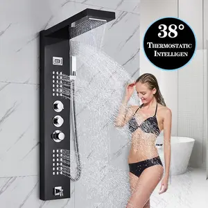 Termostatik duş musluk şelale yağmur biçimli duş paneli 3 kolları banyo duş mikser sütun ile batarya