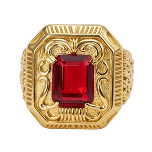 Bijoux fins, argent S925 plaqué or 14 carats, rubis vintage sculpté, rectangle, pierre précieuse rouge, alliance large pour homme - Product Image 3