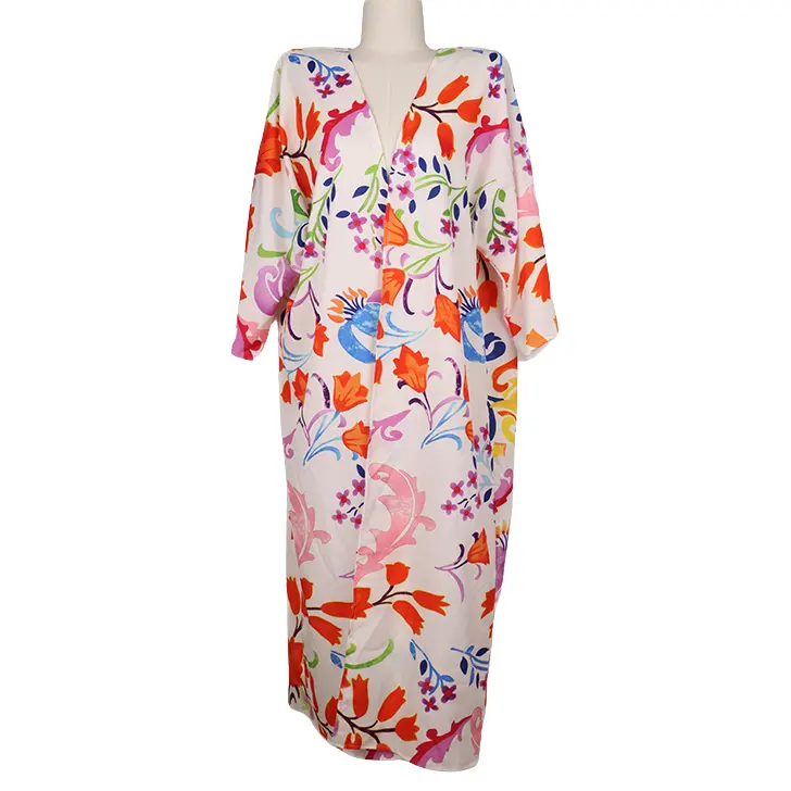 Custom Printing Design Women Silk/Cotton/Rayon/Viscose Blend Beach Cover Up Loose Kaftan Dress