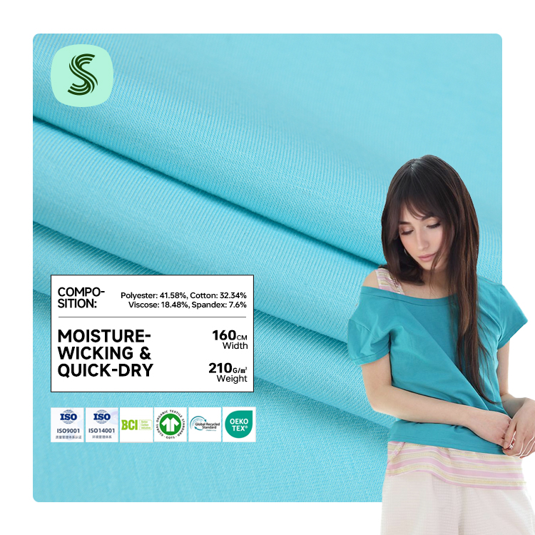 210gsm Polyester 41.58% Cotton 32.34% Viscose 18.48% Spandex 7.6% Custom Polyester Viscose and Cotton Blend Fabric