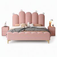 Lit de princesse pour filles, lit rembourré pour enfants avec tête de lit en forme de couronne, lit plateforme pour filles, chambre à coucher rose blush