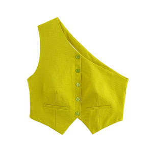 Débardeurs d'été décontractés pour femmes, couleur verte, respirants, courts, boutonnés, avec fermeture éclair latérale, design asymétrique - Product Image 3
