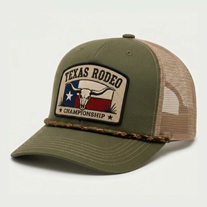 Gorra <span class=keywords><strong>de</strong></span> béisbol snapback retro verde oliva con malla trasera, parche tejido y cuerda trenzada estilo vaquero, personalizada al por mayor, estilo Texas Rodeo Trucker - Product Image 1
