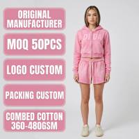 Ensemble short et sweat à capuche zippé en coton peigné épais 400 GSM, coupe courte, rose vintage délavé, avec impression en relief pour femme, style urbain Y2K