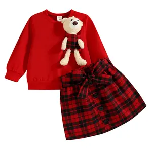 ชุดกระโปรงลายสก็อตสำหรับเด็กหญิง,ชุดคริสต์มาสสองชิ้นดีไซน์หมีน่ารักปี KS7846