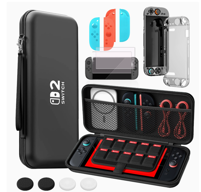 2026P for 2 NS2 9-in-1 Wired Plastic Carrying Case & Protection Kit with Tempered Glass Screen Protector Game Accessories
